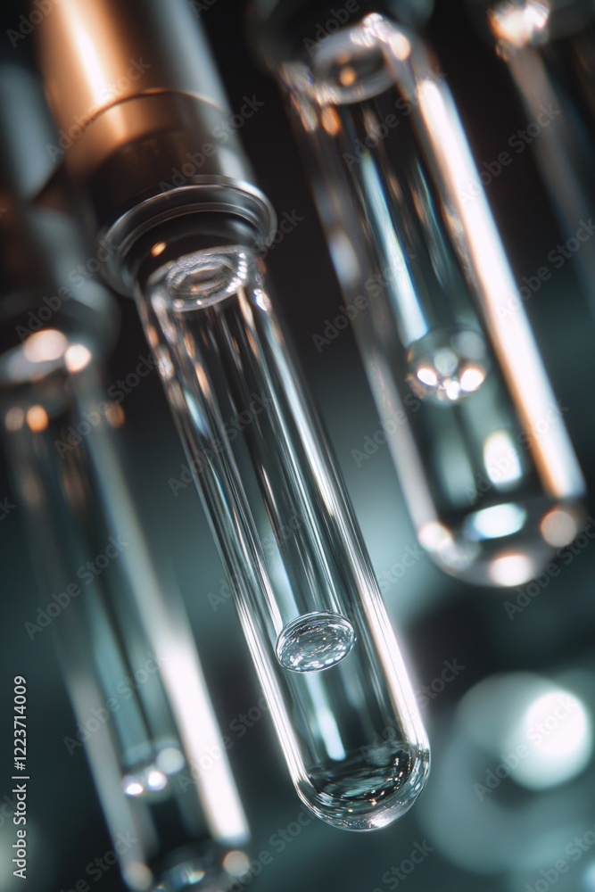 Naklejka premium A close up of a series of glass tubes with a clear liquid inside. The tubes are all different sizes and are arranged in a way that creates a sense of depth and perspective. Scene is one of curiosity