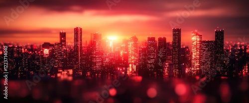Red city skyline sunset, urban landscape, dramatic sky, cityscape view, background image