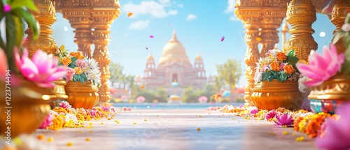Indian Frame with Holi Colors, gold Patterns, Pots and Lotus Flowers in Hindu Temple with Domes. Copy space. Generative AI