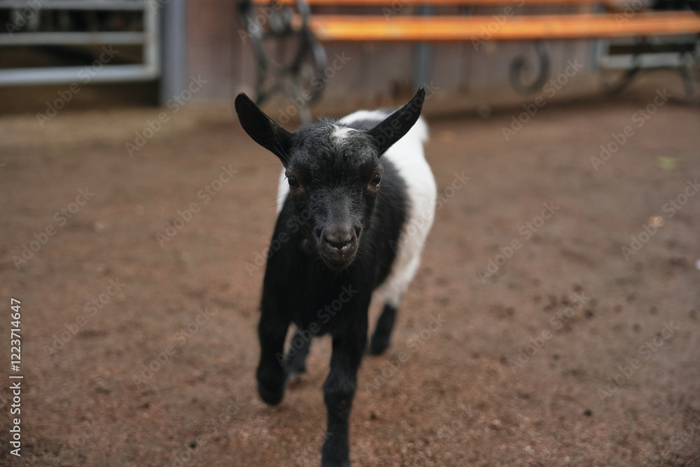 Fototapeta premium Playful black and white goat walking towards the camera in a farm setting