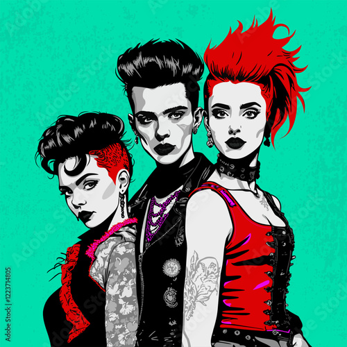 Punk teenagers. Vector poster in pop art style. Bright glamour young people in punk outfit. Rococo inspired