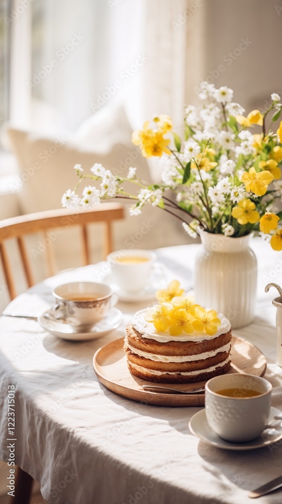 Bright spring breakfast table with yellow daffodils and white daisies, layered cake, tea set, and natural light. Rustic farmhouse-style decor, concept of cozy mornings and seasonal freshness. Bright spring breakfast table with yellow daffodils and white daisies, layered cake, tea set, and natural light. Rustic farmhouse-style decor, concept of cozy mornings and seasonal freshness.