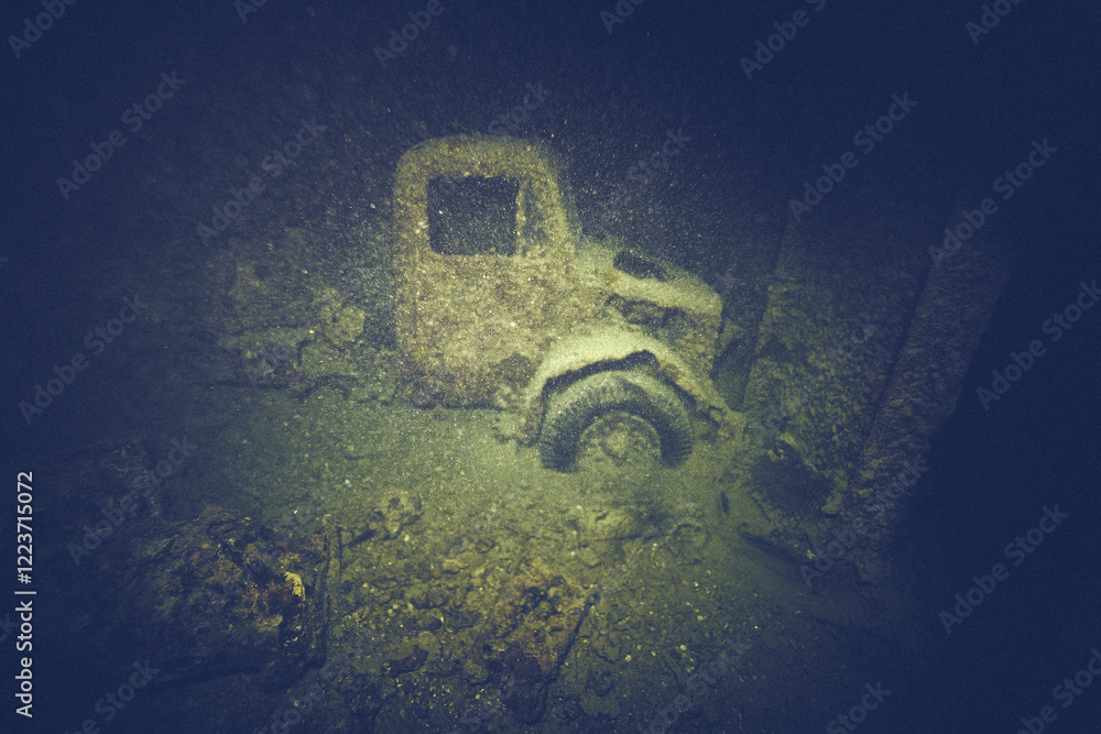 WWII truck inside the ship wreck of SS Thistlegorm - British cargo steamship sunk by German bomber aircraft in the Red Sea in 1941 near Sharm El Sheikh, Egypt. Underwater photography and travel