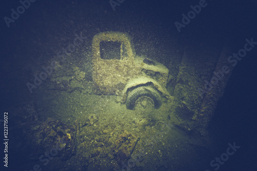Obraz na płótnie WWII truck inside the ship wreck of SS Thistlegorm - British cargo steamship sunk by German bomber aircraft in the Red Sea in 1941 near Sharm El Sheikh, Egypt. Underwater photography and travel w salonie