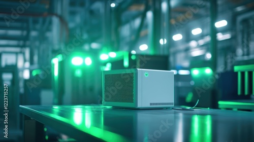 A hightech edge computing unit connected to an environmental monitoring system in a manufacturing setting illuminated by soft green lights showcasing its role in ensuring optimal production photo