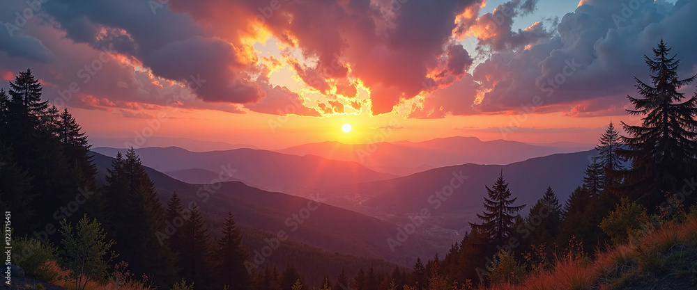 Obraz premium Vibrant sunset over rolling mountains surrounded by tall pine trees casting gentle shadows, evoking a sense of peace and tranquility in nature