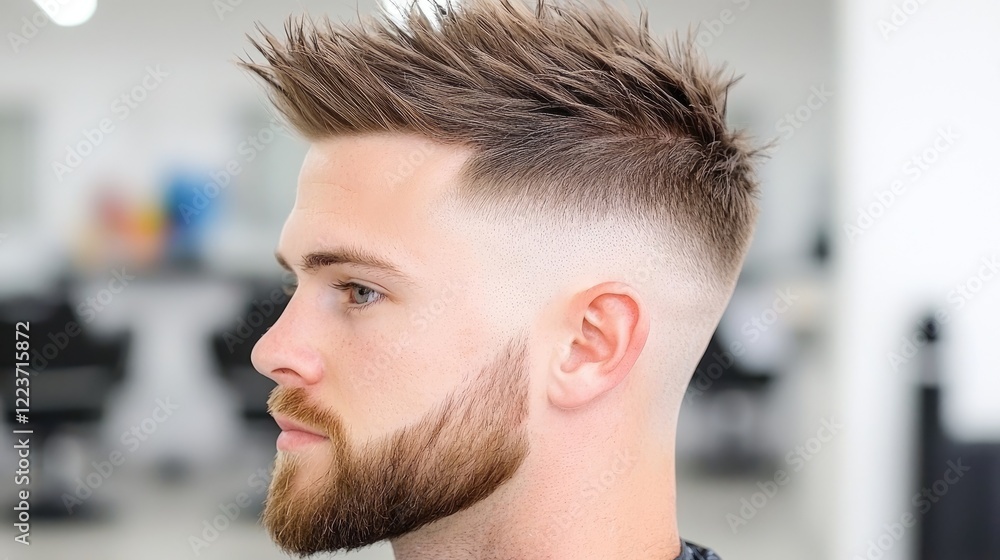 Man's stylish haircut, salon background, profile view, hair styling