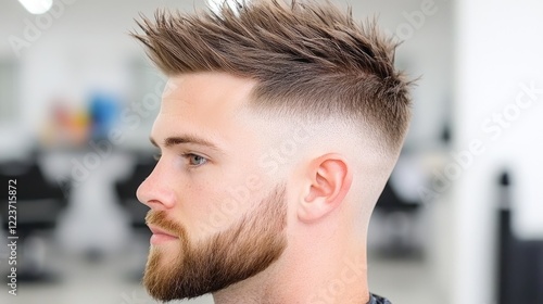 Obraz na płótnie Man's stylish haircut, salon background, profile view, hair styling w salonie