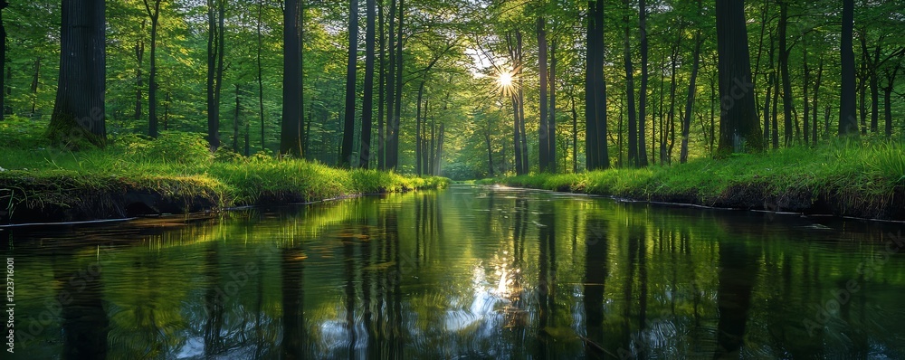 Obraz premium In the heart of the park, a captivating summer scene unfolds with a shimmering pond and a canopy of green trees casting dappled shadows