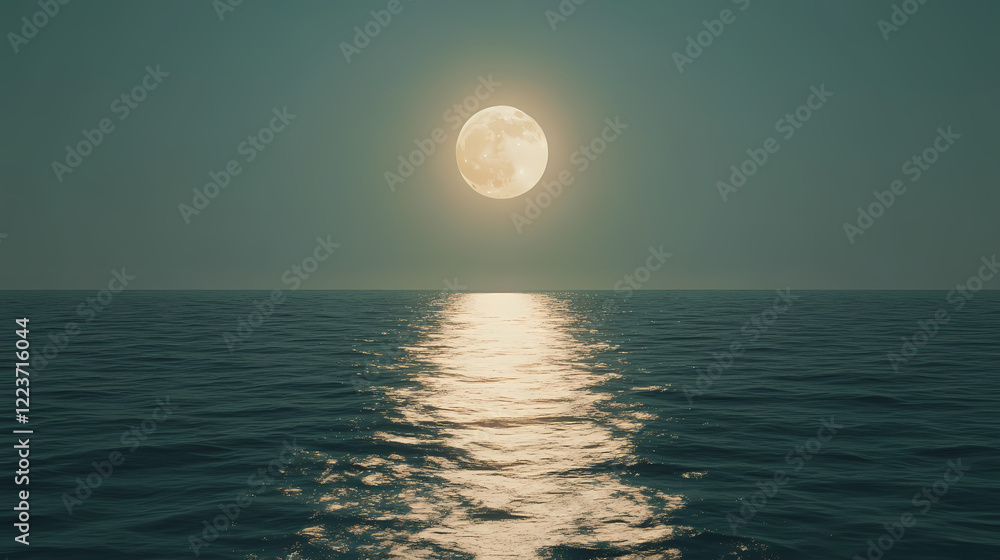 A large, bright full moon hangs in the sky above a calm ocean. the reflection of the moon shines brightly on the water, creating a path of light. Stellar Path. Illustration A large, bright full moon hangs in the sky above a calm ocean. the reflection of the moon shines brightly on the water, creating a path of light. Stellar Path. Illustration