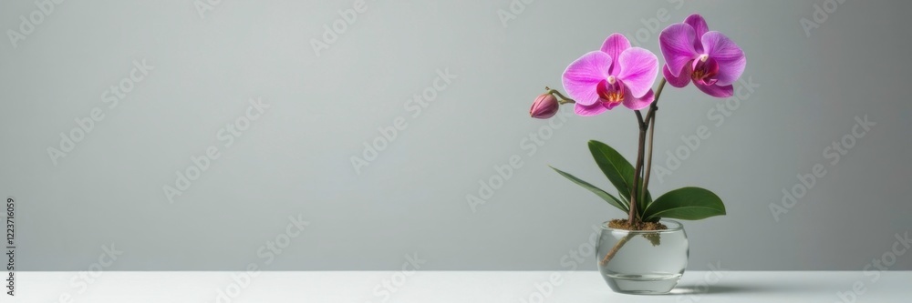 Single small orchid in a tall clear glass vase, elegant, plant, isolated Single small orchid in a tall clear glass vase, elegant, plant, isolated
