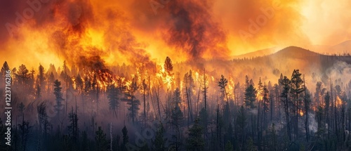 A devastating wildfire ravages through a dense forest, with flames and smoke billowing under a dramatic sky photo