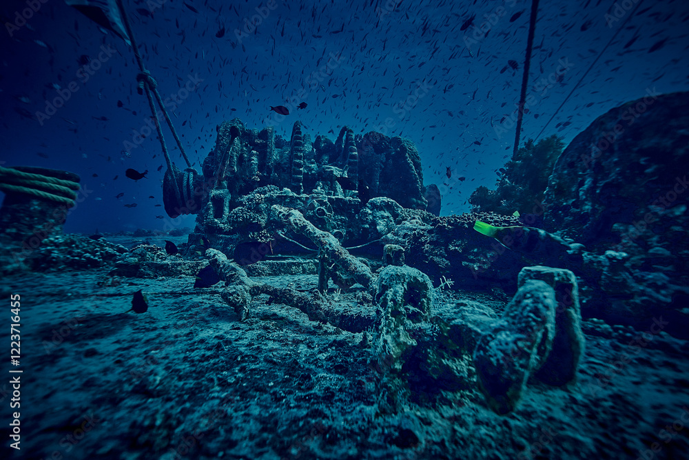 Mysterious underwater view on deck the ship wreck of SS Thistlegorm - British cargo steamship sunk by German bomber in the Red Sea, near Sharm El Sheikh, Egypt. Underwater photography and travel