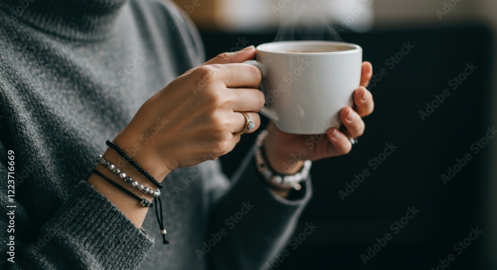A focused view of a hand with an elegant bracelet gripping a white cup, sipping warmth in a relaxing setting.
A focused view of a hand with an elegant bracelet gripping a white cup, sipping warmth in a relaxing setting.