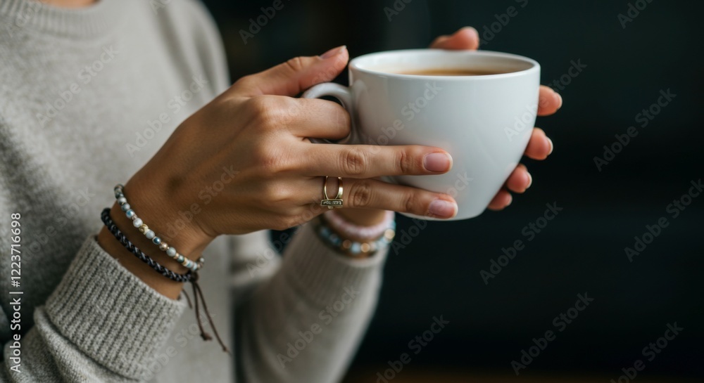 Focused shot on a hand holding a white cup, with a bracelet sparkling subtly, perfect for wellness and lifestyle imagery.
Focused shot on a hand holding a white cup, with a bracelet sparkling subtly, perfect for wellness and lifestyle imagery.