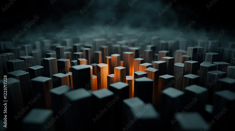 Obraz premium Abstract arrangement of wooden columns with glowing center