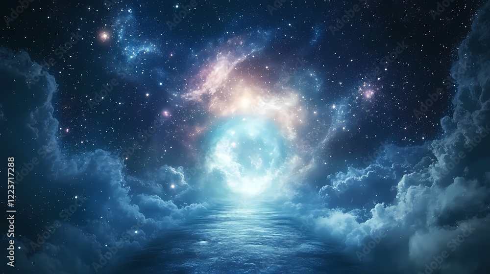 Obraz premium Cosmic portal illuminated under a starry night sky. Stellar Path. Illustration