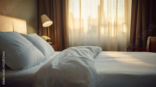 A hotel room features a well-made bed with crisp linens and soft lighting, evoking feelings of comfort, cleanliness, and welcoming hospitality in a serene setting.