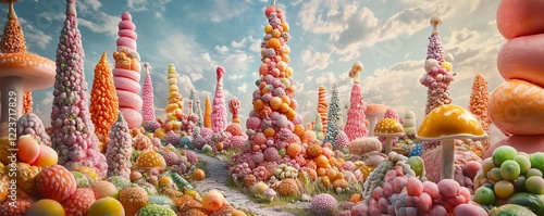 Wallpaper Mural Whimsical candy landscape. Pastel towers and mushroom houses in a surreal, dreamy world. Perfect for fantasy, fairytale, or children's themes. Torontodigital.ca