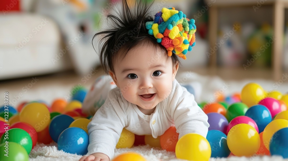 Obraz premium Happy baby girl playing in colorful ball pit at home