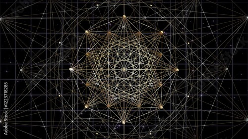 Video animation gold Sacred geometry. Loop footage of Mystic geometric spatial grid, wireframe drawing. Mystical eight pointed star, crop circles, special effects on black galaxy background