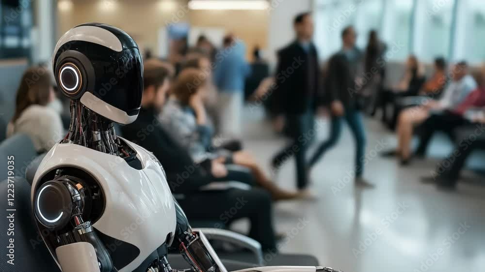 Futuristic humanoid robot sits in crowded waiting area among people, symbolizing evolving interaction and potential conflict between artificial intelligence and humans. Futuristic humanoid robot sits in crowded waiting area among people, symbolizing evolving interaction and potential conflict between artificial intelligence and humans.
