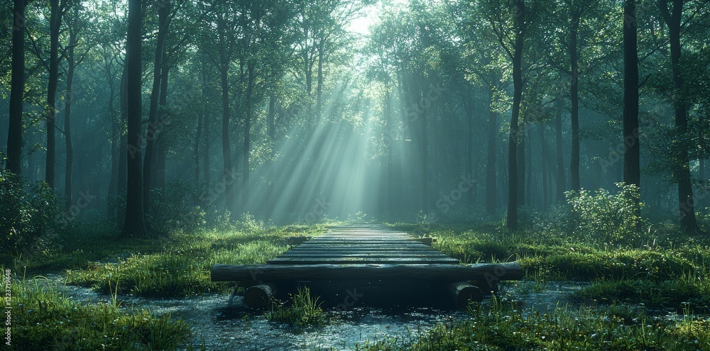 Obraz premium In the heart of the forest, sunlight breaks through the dense, green foliage, painting a mesmerizing pattern of light and shadow across the clearing