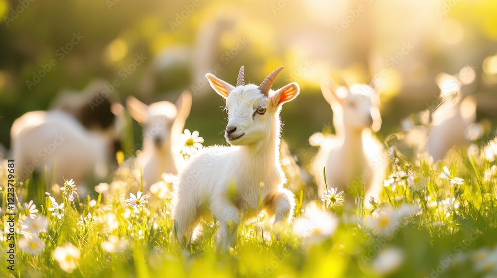 Small Group of Baby Goats Frolicking in Sunny Meadow with Blooming Spring Flowers: Bright Sunlight and Playful Nature Highlighting Joyful Interactions and Spring Season Beauty Small Group of Baby Goats Frolicking in Sunny Meadow with Blooming Spring Flowers: Bright Sunlight and Playful Nature Highlighting Joyful Interactions and Spring Season Beauty