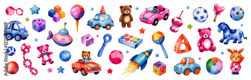 A set of children's toys. A collection of watercolor vector elements for decoration and design.  A car, a teddy bear, a ball, a rattle, a rocket, cubes, soft plush toys, etc.