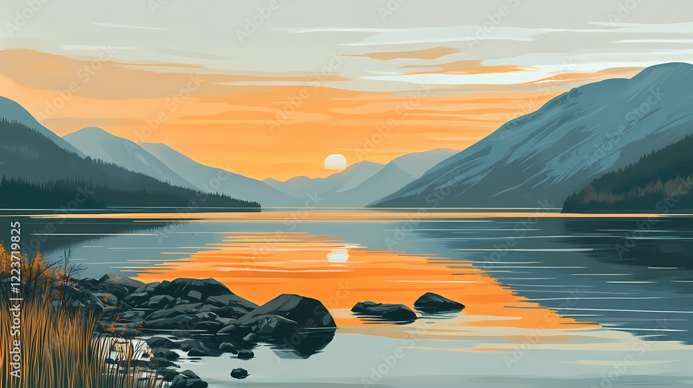 Obraz premium Serene sunset over a calm lake, with mountains in the background. Sunset Fjord. Illustration