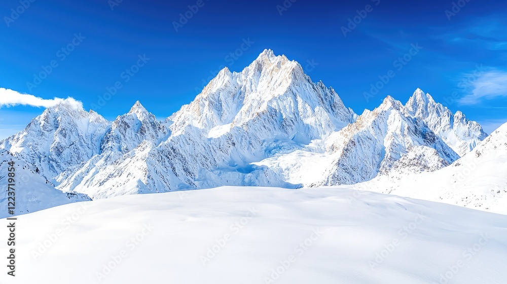 Fototapeta premium Majestic snow-capped mountains under a clear blue sky, winter landscape, scenic travel postcard