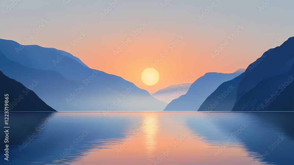 Serene sunset over misty fjords. Sunset Fjord. Illustration Serene sunset over misty fjords. Sunset Fjord. Illustration