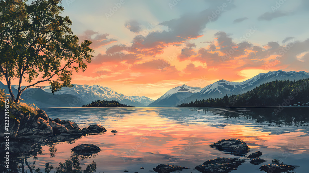 Fototapeta premium Serene sunset over a calm lake, with mountains in the background. Sunset Fjord. Illustration