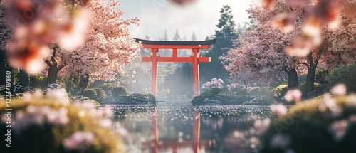 Japanese Frame with Pink Cherry Blossoms and Torii Gate over a Pond. Copy space. Generative AI 