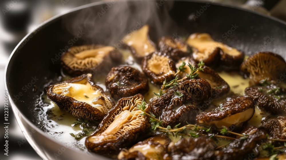 Morel mushrooms and shiitake frying in butter with thyme in a pan Morel mushrooms and shiitake frying in butter with thyme in a pan