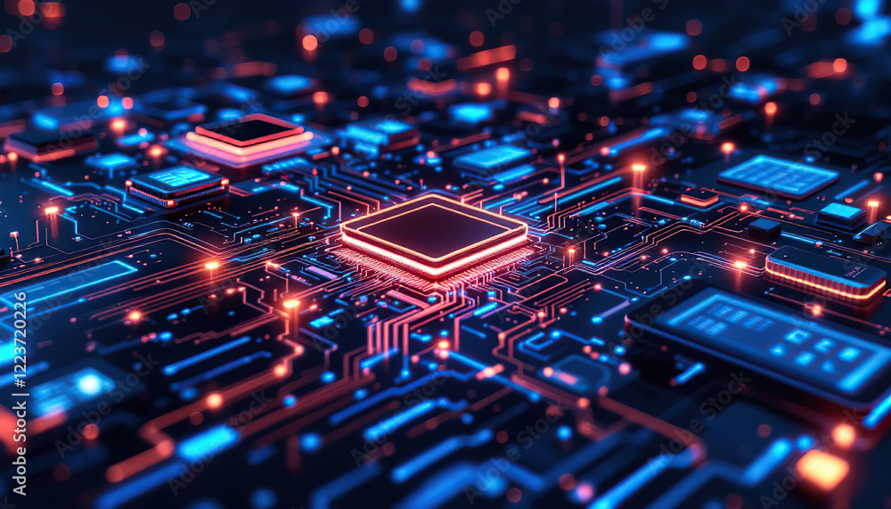 Fototapeta premium Illuminated Circuit Board Displays Central Processing Unit