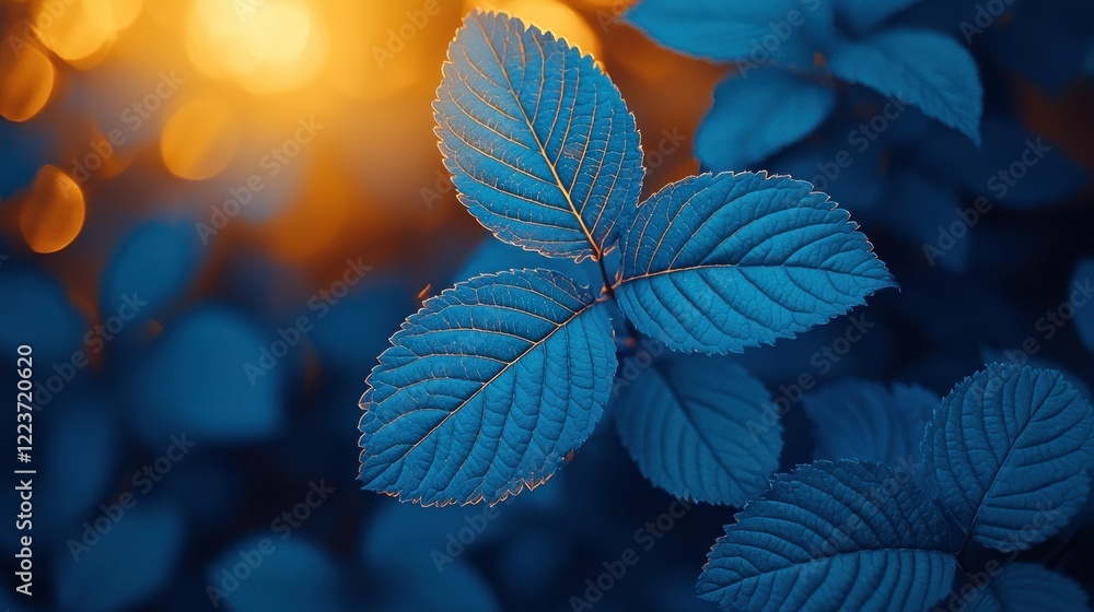 Fototapeta premium Teal leaves sunset bokeh background nature