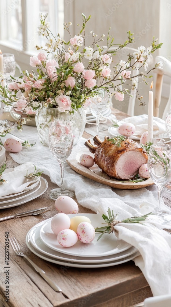 Fototapeta premium Enjoy Easter with a feast of roasted lamb, decorated eggs, and fresh veggies on a rustic table
