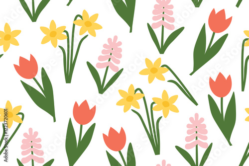 easter, spring seamless pattern with tulip, hyacinth and daffodil flowers- vector illustration