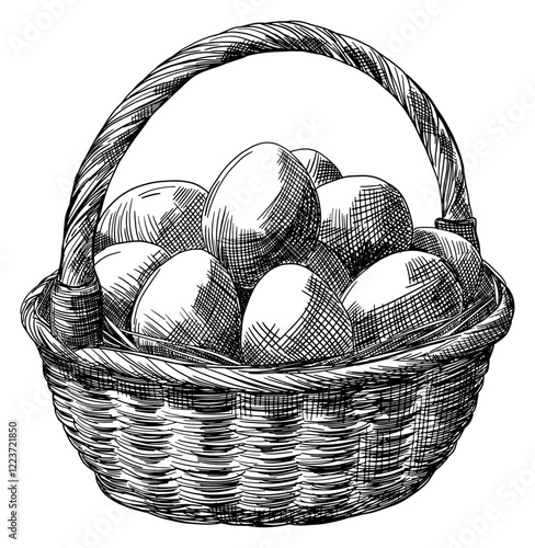 woven basket with eggs isolated hand drawn sketch rustic Easter agricultural farm food line art detailed shading cross-hatching vector illustration transparent background