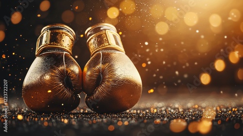 Close-up of classic boxing gloves with vintage brass buckles, set on a rugged wooden surface surrounded by faint dust particles, timeless sports relic photo