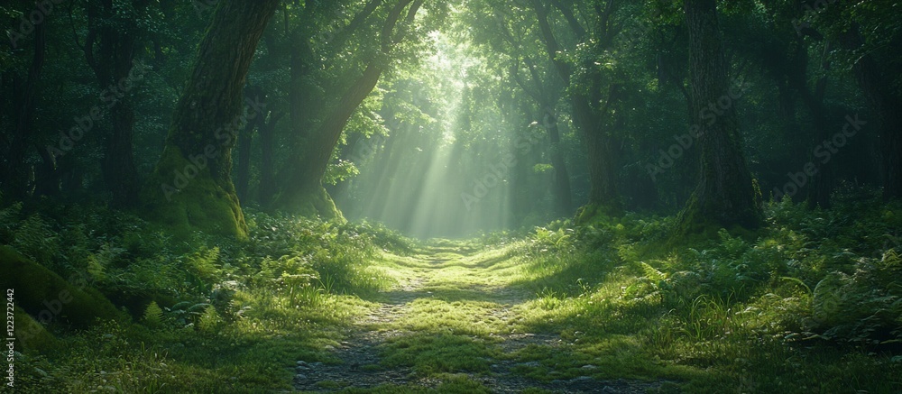 Obraz premium Sunbeams Illuminating a Mystical Forest Path