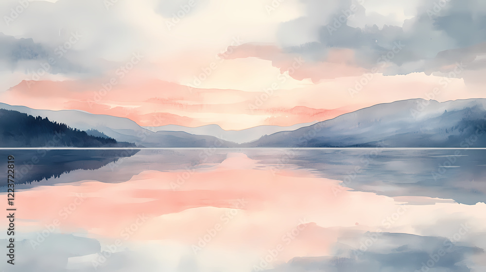 Obraz premium A soft watercolor painting of fjord water at sunset, with pastel tones blending into the mirrored surface. Sunset Fjord. Illustration