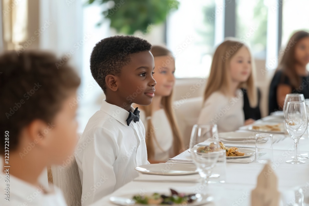A young boy dressed in a bow tie sits at an elegant dining table with other children in a refined, well-lit environment. . A young boy dressed in a bow tie sits at an elegant dining table with other children in a refined, well-lit environment. .