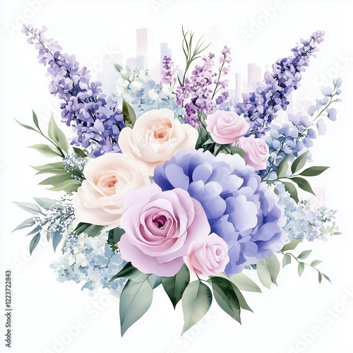 Beautiful floral arrangement with roses and lilacs in soft colors on white background, artistic design, copy space