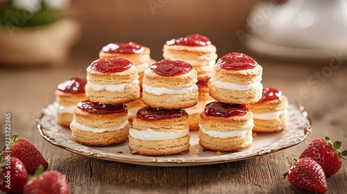 Wallpaper Mural Close-up of scones stacked on a platter, with jam and clotted cream dripping enticingly, surrounded by fresh strawberries, indulgent breakfast concept Torontodigital.ca