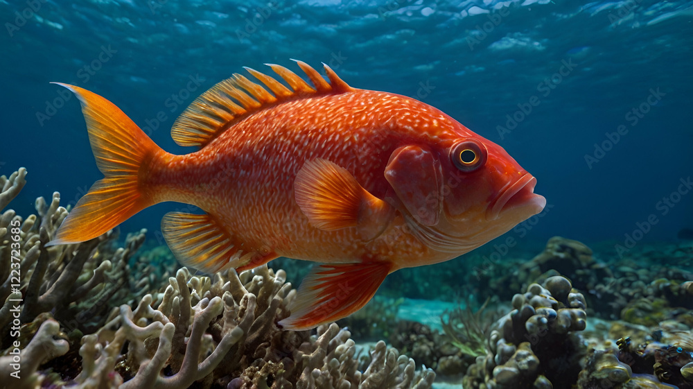 Fototapeta premium A close-up of a bright red fish swimming gracefully in the ocean