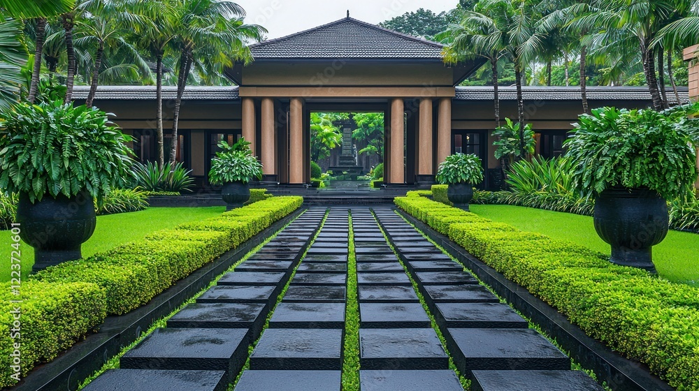 Fototapeta premium Tropical resort entrance, lush garden, pathway, rain