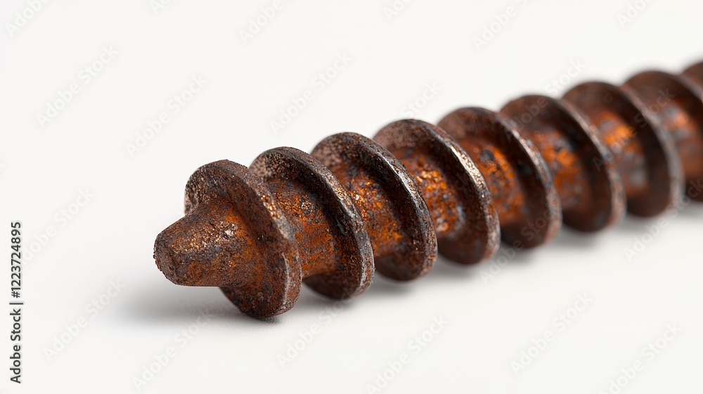 Rusted wood screw photographed in extreme close-up, showcasing fine corrosion details, set against a seamless white background Rusted wood screw photographed in extreme close-up, showcasing fine corrosion details, set against a seamless white background