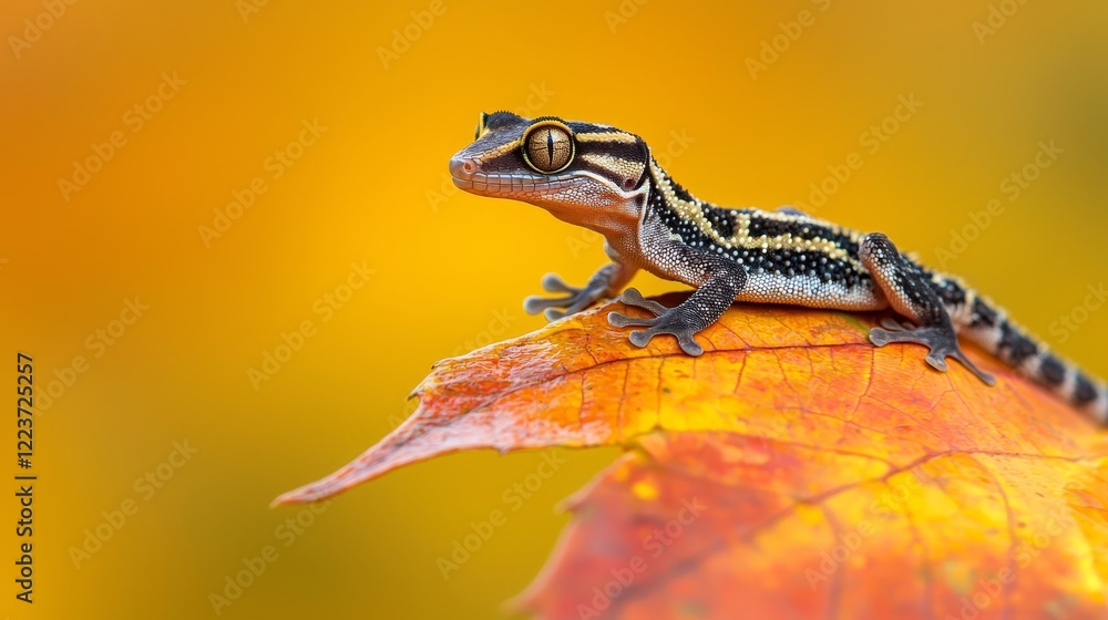 Naklejka premium Side profile of a gecko nearly disappearing on a colorful leaf, vivid autumn tones contrasting its muted presence, survival through mimicry